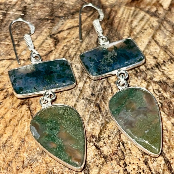 Mocha Stone Green Moss Agate Earrings 2” - Picture 1 of 5